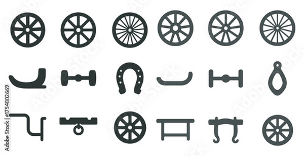 Fototapeta Vintage transportation solid icons set – silhouette, filled, wheel and cart symbols