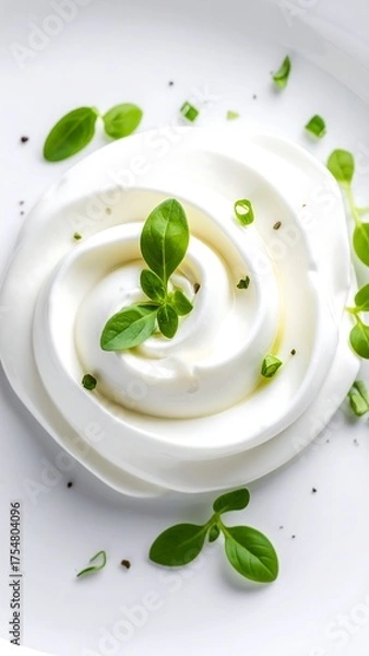 Fototapeta Whipped cream or yogurt topped with herbs