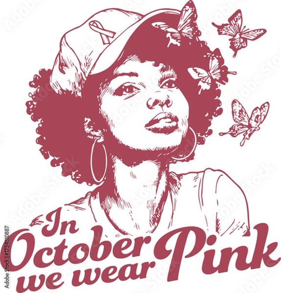 Fototapeta Breast Cancer Awareness Design Featuring African American Woman in Pink with Butterflies and Ribbon – October We Wear Pink Illustration for Support Campaigns