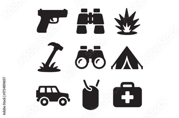 Obraz Tactical Readiness Black and White Icon Set Depicting Essential Gear and Survival Equipment for Outdoor Adventures and Military Simulations