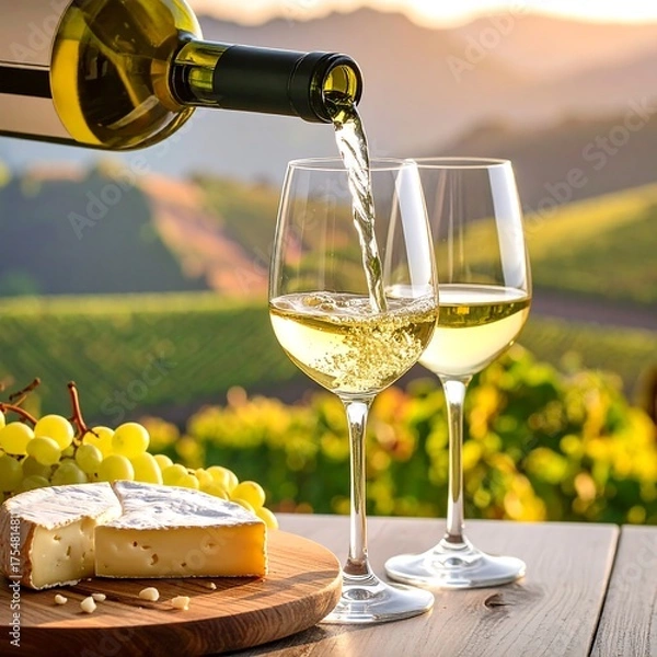 Obraz White wine being poured into two glasses outdoors