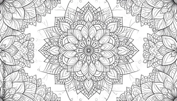 Obraz A symmetrical, detailed, grayscale floral design, forming a central mandala surrounded by partial, similar motifs. Complex petals fill the space