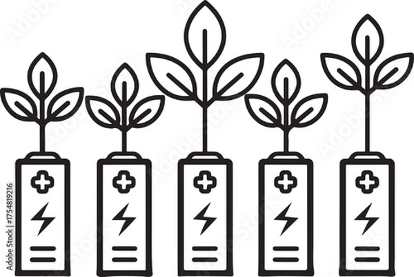 Obraz Tree growing line art icon set, with battery illustration