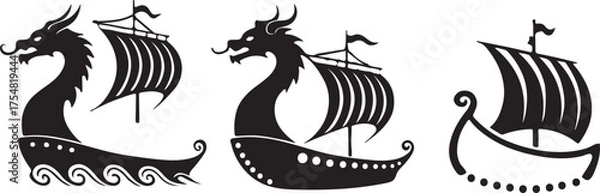 Obraz Viking ship with dragon head black icon, flat vector silhouette design