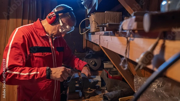 Obraz A man in work clothes uses a vice.