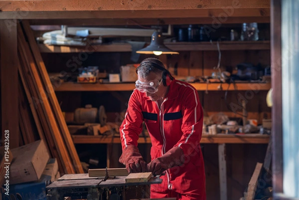 Obraz A man prepares to cut a board on a machine.