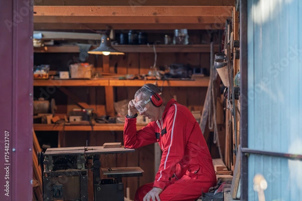 Obraz A man is resting in his workshop after work.