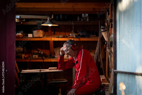 Obraz A tired man sits in his workshop.
