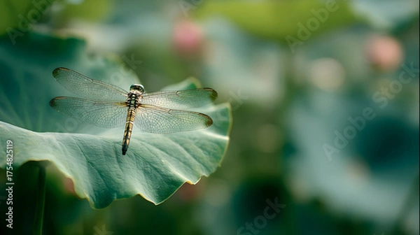Fototapeta Dragonfly perched on a large green leaf in a tranquil outdoor setting