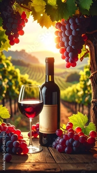 Obraz Wine bottle and glass in a vineyard at sunset