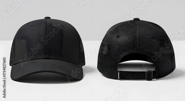 Fototapeta trucker cap mockup with black color, front and back view with isolated clear background