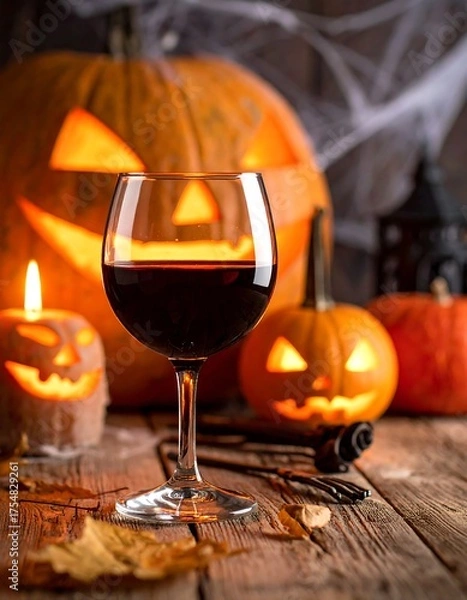Obraz Wine glass with red wine, surrounded by carved pumpkins and candles. Autumnal ambiance