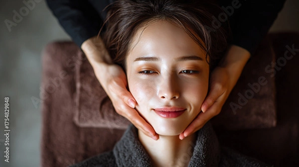 Fototapeta エステサロンでフェイシャルマッサージを受ける若い女性