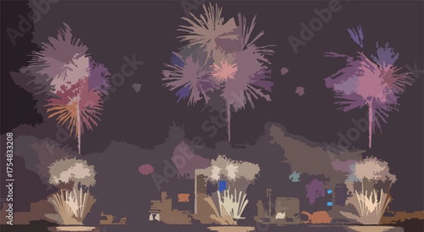 Fototapeta Fireworks Over City Skyline for New Year 2026