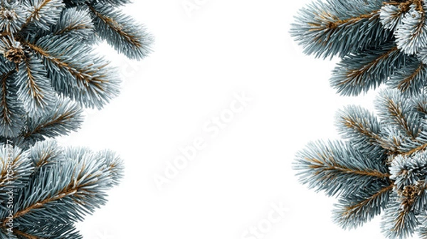 Fototapeta Serene winter frame of blue spruce fir branch with snow on white background. festive christmas border with cold nature detail, perfect for holiday copy space and decoration