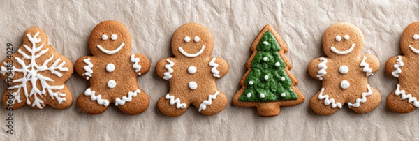Fototapeta Festive holiday christmas gingerbread cookie row with happy gingerbread man. Sweet decorated dessert food includes christmas tree and snowflake for winter baking