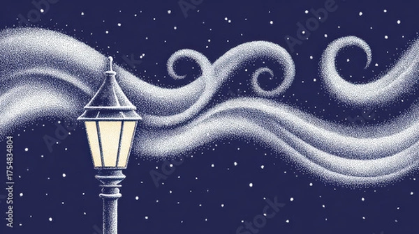 Fototapeta Magical glowing lamppost shines its light on winter night sky with swirling wind and snow. This whimsical and serene scene evokes fantasy feeling against dark blue background