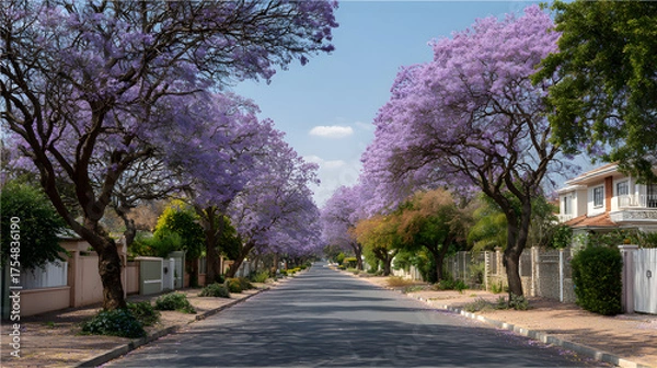 Fototapeta Lush purple jacaranda trees line a residential street under a blue sky