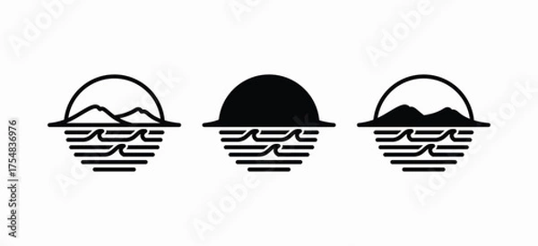 Obraz Vector illustration set of ocean wave logo designs with mountains and sun. Sunrise or sunset logo.