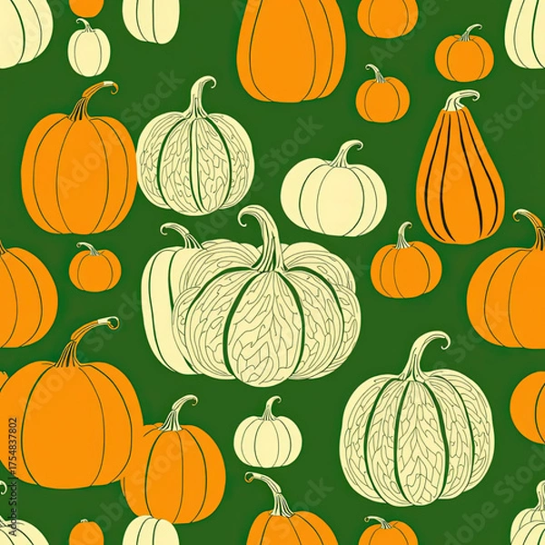 Fototapeta Repetitive seamless pattern of various pumpkin shapes, tall, squat, wide, in burnt orange, mustard yellow, olive green, cream modern color palette, no shading.eps