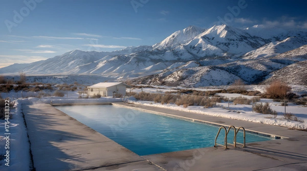 Obraz Snow-covered mountains and a pool on a sunny winter day