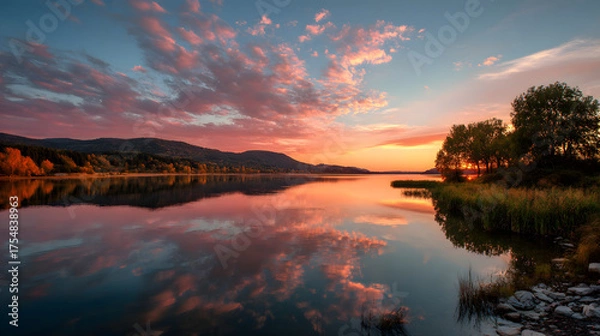 Obraz Stunning sunset over a tranquil lake with vibrant colors and reflections