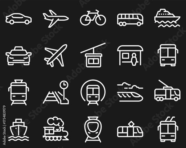 Fototapeta 	
Simple set of public transport vector line icons. Contains such icons as Taxi, Train, Tram and more.	

