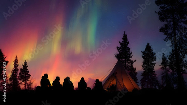 Fototapeta People watching the aurora borealis illuminate the night sky above a campsite