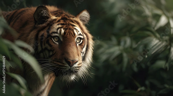 Obraz majestic tiger portrait peering through lush green foliage