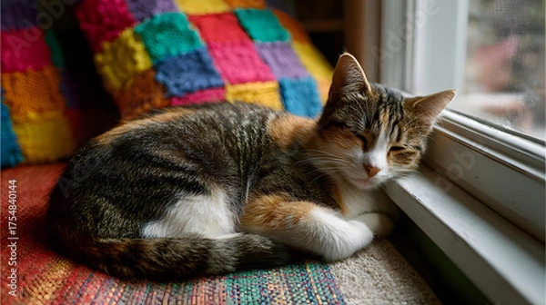 Fototapeta A peaceful calico cat resting on a windowsill, enjoying the sunlight