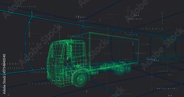 Obraz Spinning neon green semi-truck wireframe inside 3D grid tunnel, featuring floating binary code