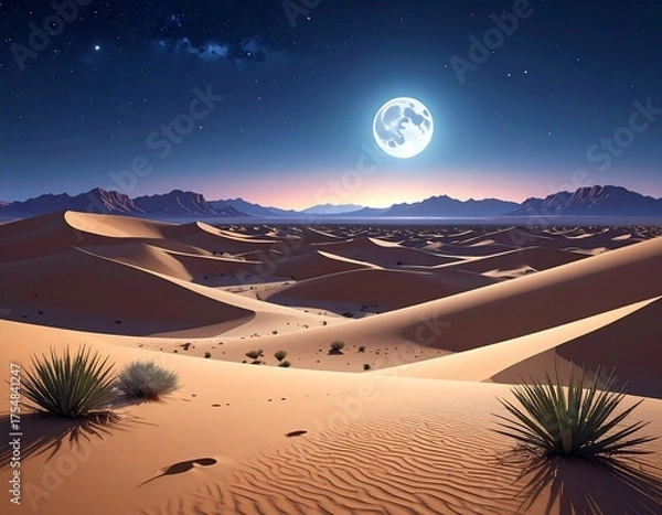 Obraz Desert landscape under a bright moon and starry sky, with rolling sand dunes
