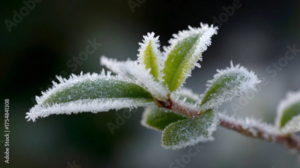 Obraz Close-up of frosted green leaves on a branch in winter