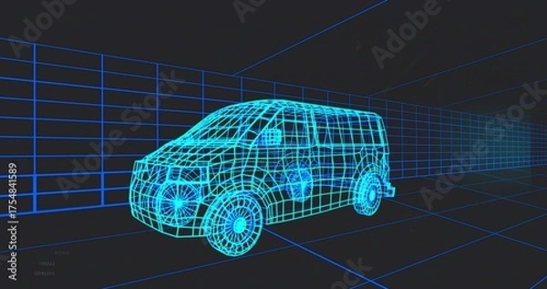 Fototapeta Displaying wireframe van sitting on floor in 3D modeling space, with grid walls and ceiling grids