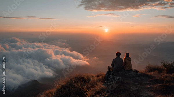 Obraz Couple watching the sunset from a mountain peak