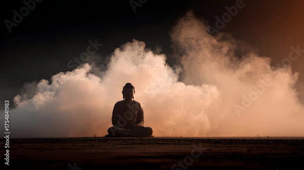Fototapeta Buddha statue in meditation with dramatic clouds and warm light