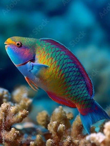 Fototapeta A highly detailed vibrant parrotfish with multicolored scales swims gracefully in a clear tropical coral reef