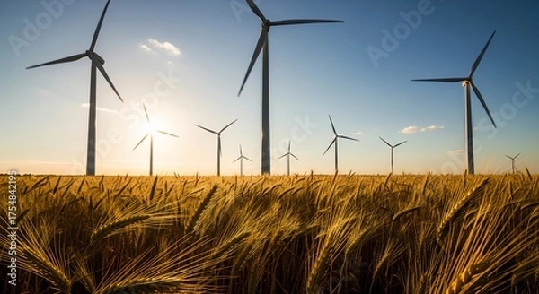 Obraz Wind Turbines in Golden Wheat Field at Sunset