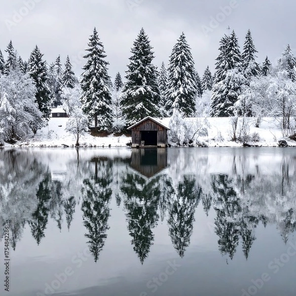 Obraz Winter landscape with snow-covered trees and a boathouse reflected in a still lake