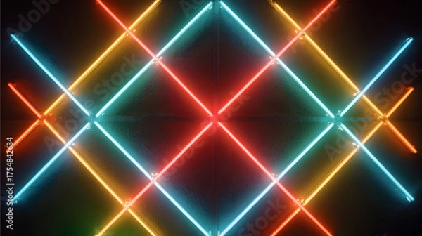 Fototapeta Abstract neon light display with colorful glowing tubes on a dark background