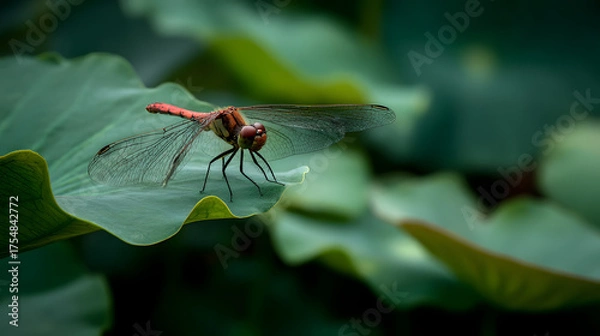 Fototapeta Vibrant dragonfly perched on a lush green lotus leaf in natural habitat