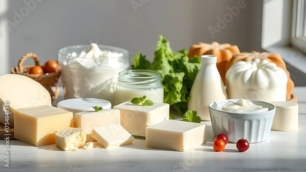 Fototapeta Fresh dairy products neatly arranged on a clean surface, bathed in soft natural light.