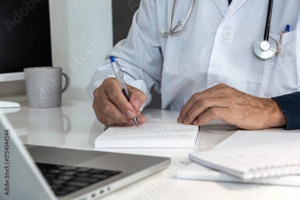 Fototapeta Healthcare professional in lab coat diligently working on a laptop, with stethoscope nearby, representing modern medical practice