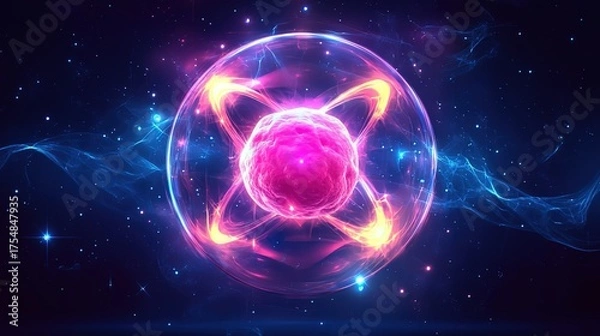 Fototapeta Neon - Lit Atomic Structure on Cosmic Background with Glowing Energy Waves