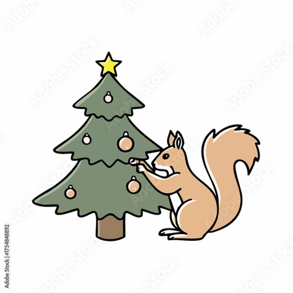 Obraz doodle icon vector A squirrel is decorating a Christmas tree