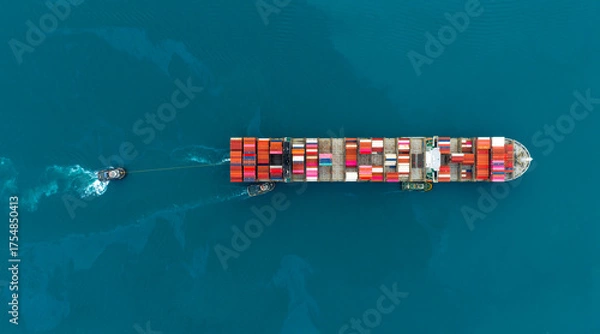 Obraz Top view Container ship full capacity approaching port International Container ship loading, unloading at sea port, Freight Transportation, Shipping,Logistics, import export, Transportation. Global
