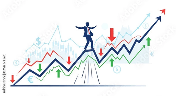 Obraz Strategic Business Professional Skillfully Navigating Dynamic Financial Markets, Balancing Investment Risk Amidst Volatility, Growth, and Economic Fluctuations
