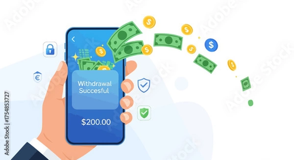 Fototapeta Successful mobile transaction Illustration of cash withdrawal process from a smartphone