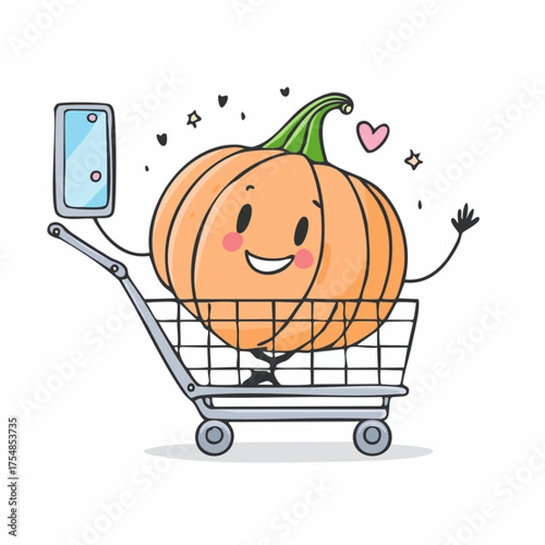Obraz doodle icon vector Funny Halloween pumpkin, takes a selfie in the supermarket