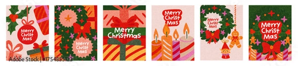 Fototapeta Merry Christmas and Happy New Year greeting card Set. Modern beautiful Xmas design with typography, Christmas tree, fir branches, balls and toys. Art banner, poster, cover templates